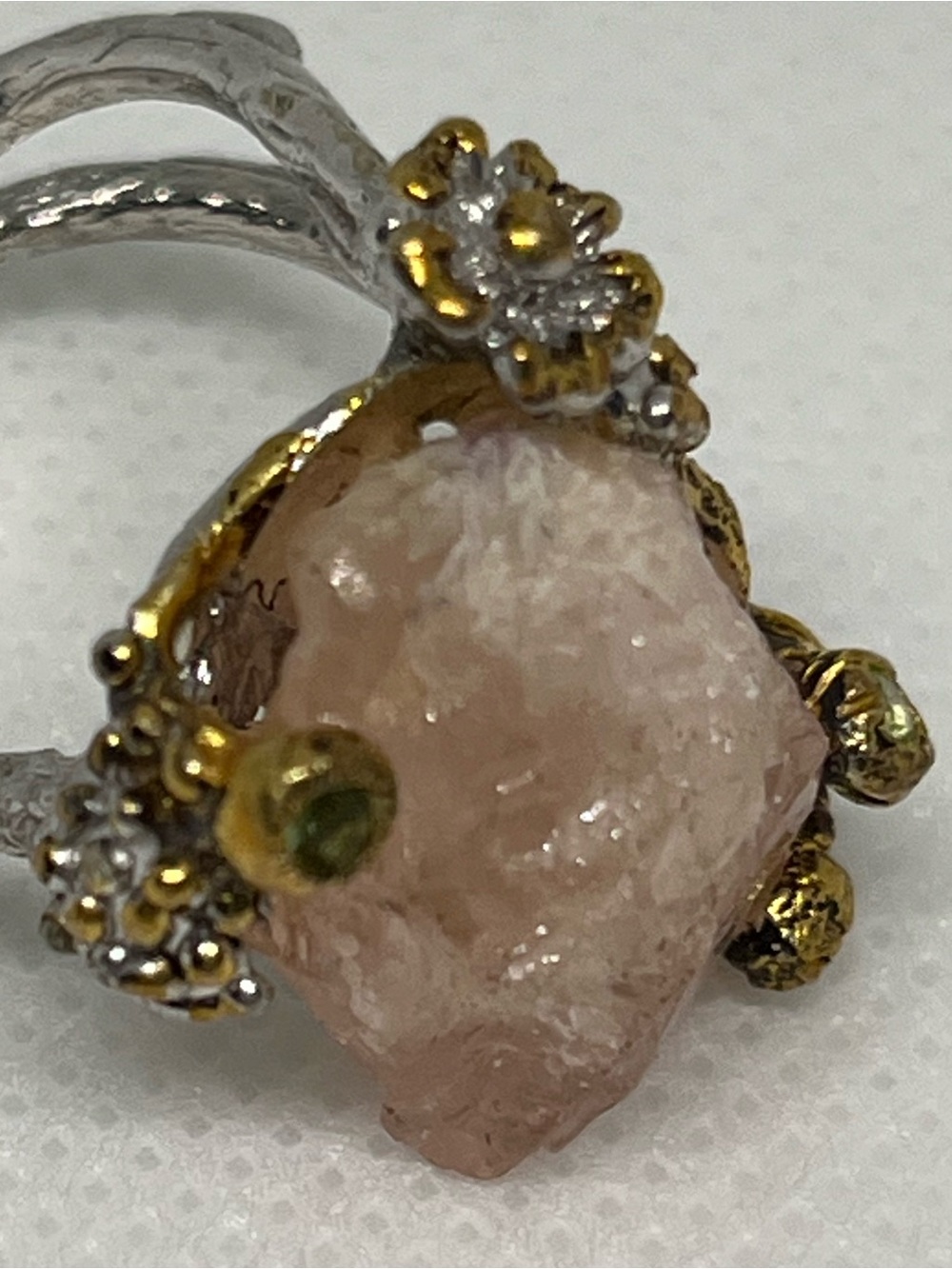 Handcrafted Rose Quartz Raw Stone Ring in SterlingSilver and Gold Filled.